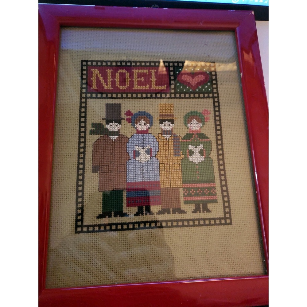 Vintage 1989 Counted Cross Stitch Noel Christmas Carolers Framed Picture Red C-7